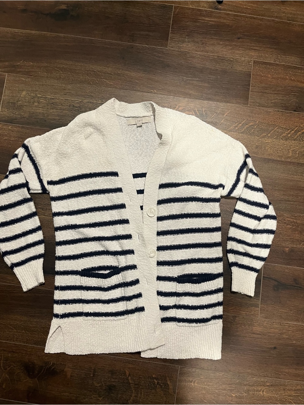 LOFT Cream & Navy Striped Button-Up Cardigan